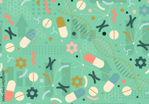 Medical and pharmaceutical research seamless pattern. Healthcare and Medicine background. Genomics And Epigenomics Research