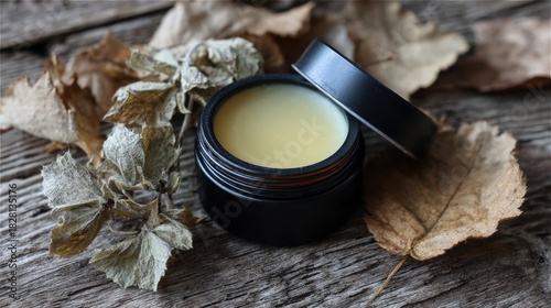 A small black container of natural healing balm sits on a weathered wooden table surrounded by dried leaves. This tranquil scene captures the essence of autumn's beauty and nature's remedies.