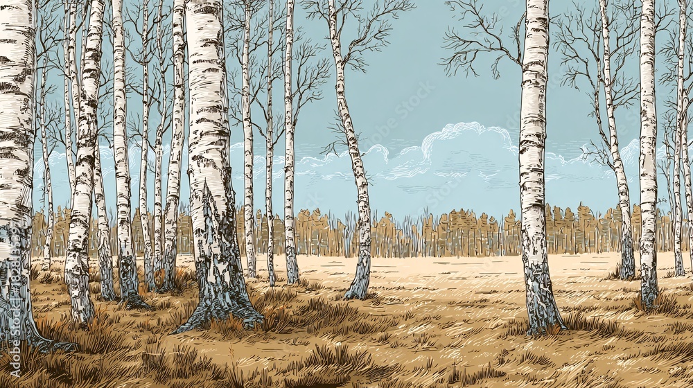 Obraz premium Serene Autumn Landscape with Birch Trees and Open Field Under Blue Sky