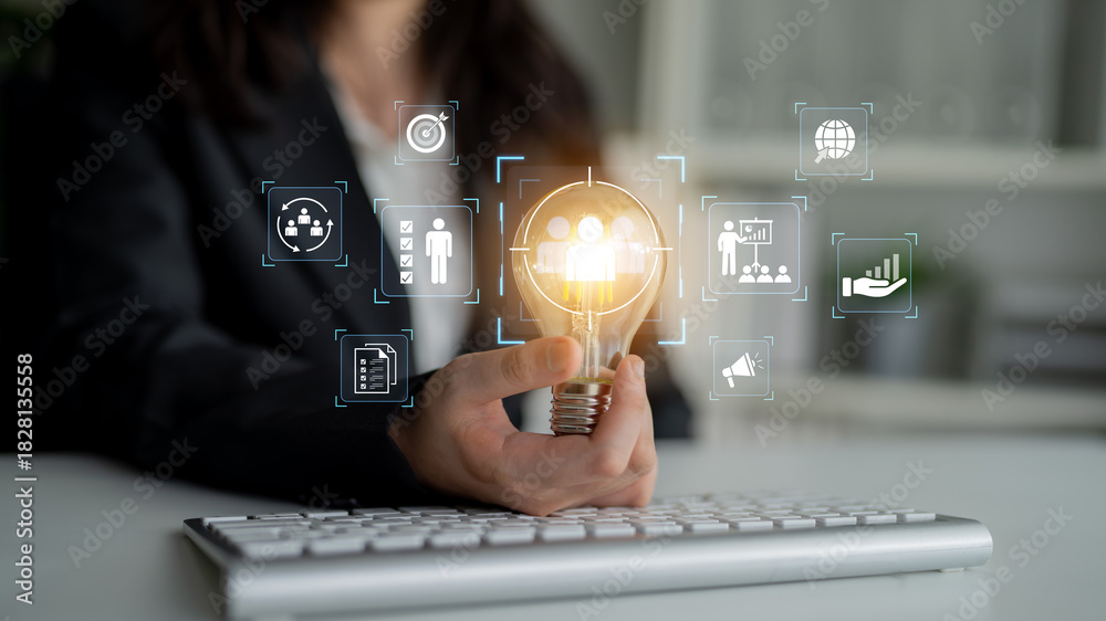 Naklejka premium A concept of a unified business strategy. This involves identifying a target audience for marketing campaigns and managing internal team performance to achieve corporate goals and growth. Fermion