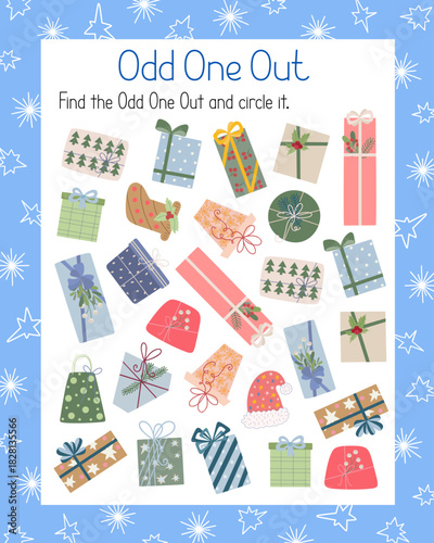 Christmas holiday game Odd One Out find, circle element that differs from others hand drawn illustration, educational printable worksheet for kids, leisure activity learning concept, teacher resources