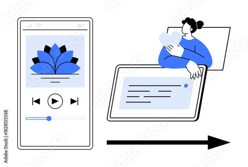 Digital media concept. Digital media platform playlist creation and personalized content features. Digital media offers intuitive interaction and user engagement. Uses for apps, UX design, streaming