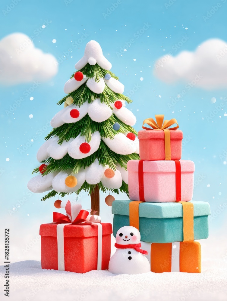 Obraz premium Colorful Christmas tree with gift boxes and cute snowman in snowy setting