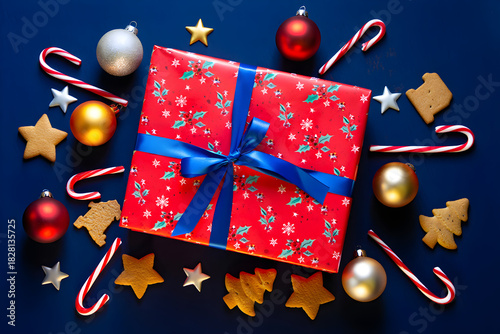 Christmas gift box surrounded by holiday decorations and treats