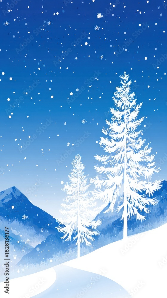 Obraz premium Snow-covered trees in a peaceful blue mountain landscape with falling snowflakes