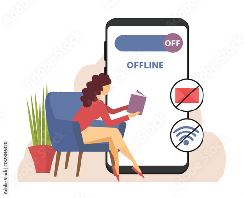 Woman reading book. Huge mobile phone with off sign on screen, digital detox, resting character