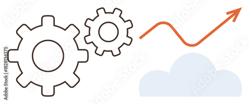 Two gears signify teamwork and process innovation a curved rising arrow indicates growth, progress, and success with a simplistic cloud element. Ideal for business, technology, teamwork, process