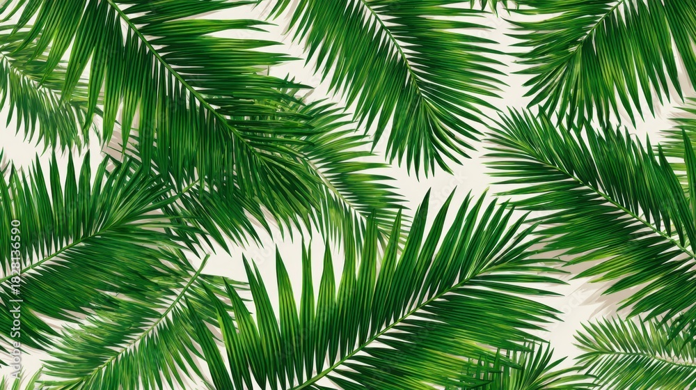 Fototapeta premium Lush palm leaves create a dense pattern on a light background bringing a tropical vibe. This arrangement adds a touch of nature and freshness to any setting or design.