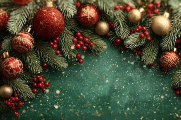 Festive double corner border with snowy fir branches, red and gold Christmas ornaments, and confetti on an green background. Excellent for holiday flyer or social media design.