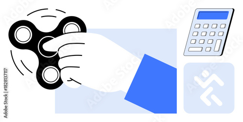 Hand engaged with a spinning fidget spinner, accompanied by a calculator and a dynamic movement icon. Ideal for focus, productivity, stress relief, multitasking, education, recreation, simple flat