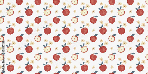 Seamless repeating pattern of hand-drawn apples and leaves rosy apples, pale yellow-green highlights, blue-gray twigs, small cream flowers, soft pastel colors, flat whimsical style, subtle texture, ti