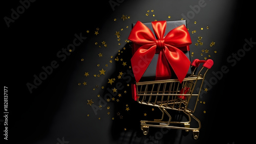 Luxury Christmas Gift in Gold Shopping Cart – Black Background
