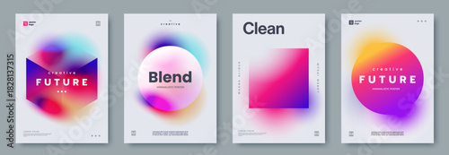 Set of modern minimalistic posters with vibrant gradient shapes - circle, square, hexagon with smooth color transitions. Ideal for branding, presentations, contemporary graphic design projects.