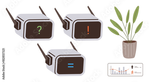 AI devices with question mark, exclamation point, and equal sign displays. Potted plant decor and a small performance graph. Ideal for automation, analytics, problem-solving, messages, technology