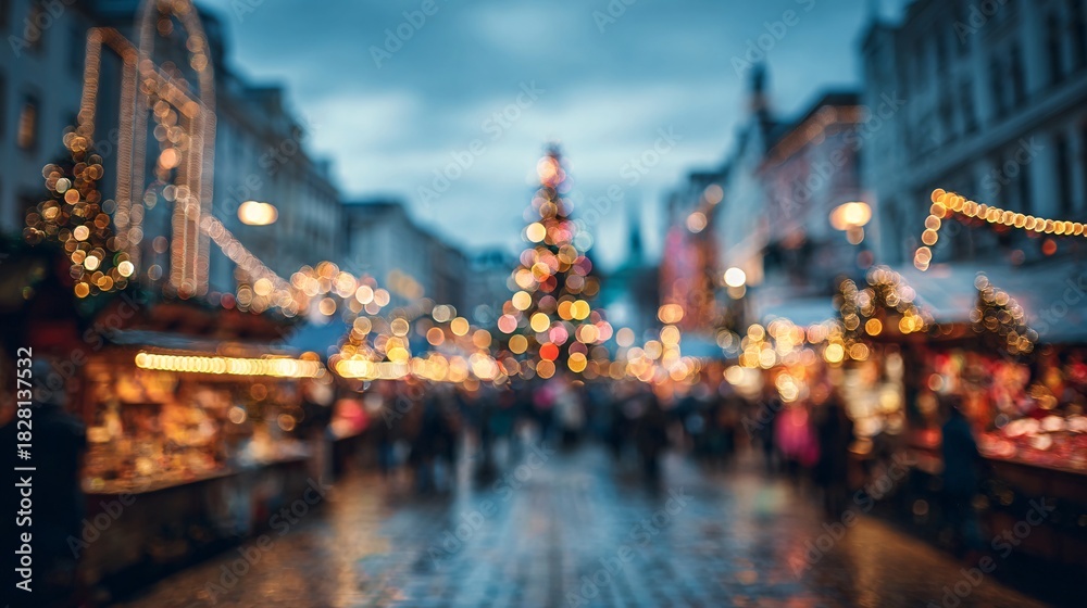 Fototapeta premium Blurred Christmas Market Street Scene with Festive Holiday Lights