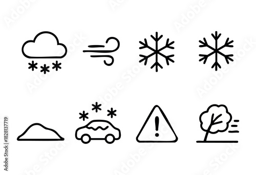 Set of eight hand-drawn line icons depicting various winter weather conditions and their effects, including snowfall, wind, ice, snow on a car, and a warning sign. Perfect for weather apps, websites, 