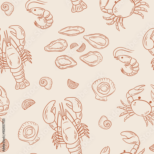 Hand drawn seafood seamless pattern with lobster, crab, shrimp, oysters and lemon slices. Vintage style vector illustration
