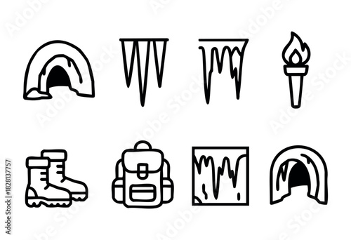 A set of eight hand-drawn line icons depicting elements related to caving and exploration, including caves, icicles, a torch, boots, and a backpack. The style is simple, bold, and black and white.