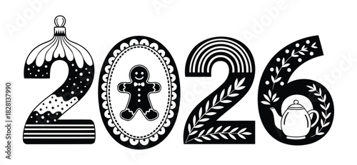 Festive 2026 new year illustration decorative numbers with gingerbread man and teapot vector graphic 