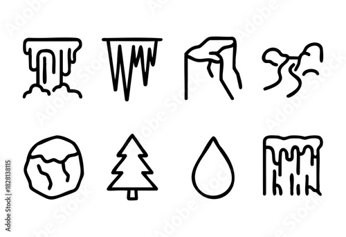 Set of eight hand-drawn line icons depicting various natural water elements, including waterfalls, icicles, a river, a melting ice cap, a fir tree, and a water drop. The style is simple, bold, and bla