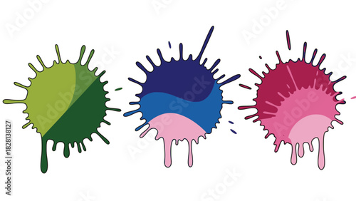Set of three colorful vector ink splatters and drips for website banners, art backgrounds, and kids product packaging, multilayered transparent background SVG version.