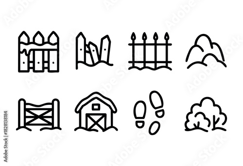 Collection of eight hand-drawn line icons depicting various rural elements: fences, a barn, footprints, and a bush. Perfect for farm-related projects, websites, or app designs.