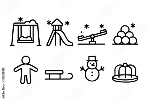Set of winter playground icons in line art style. Includes swings, slide, seesaw, snowballs, child figure, sled, snowman, and merry-go-round. Perfect for children's books, websites, apps, or education