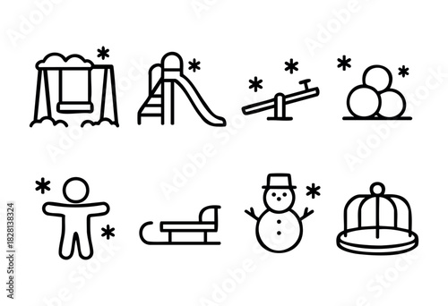 Set of winter playground icons in line style. Includes swings, slide, seesaw, snowballs, child, sled, snowman, and merry-go-round. Perfect for winter-themed designs, children's illustrations, and wint