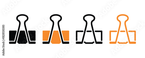 Binder clips in black, orange, and outline styles are shown in a row.
