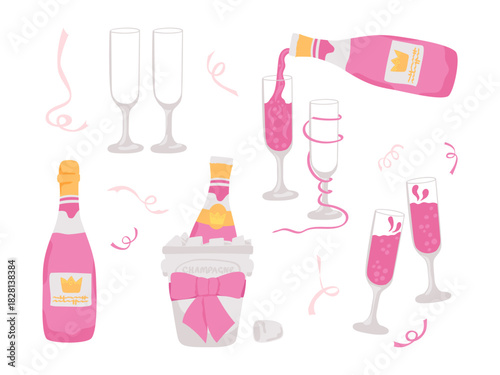 Champagne bachelorette party and Valentine day set. Alcohol beverage. Vector illustration bottles and glasses collection. Feminine pink celebration cocktail drink.
