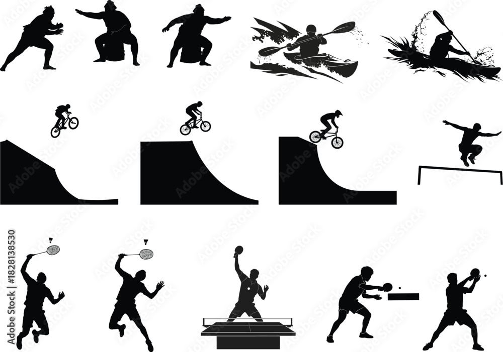 Fototapeta premium Collection of black silhouettes depicting various sports and activities on white background
