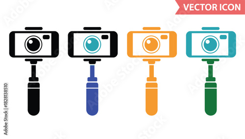 Four colorful selfie sticks with attached smartphones displayed in a row.