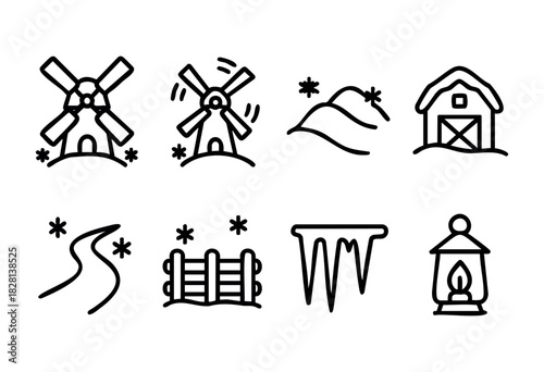 Set of eight hand-drawn line art icons depicting winter countryside scenes, including windmills, a barn, hills, a snowy road, a fence, icicles, and a lantern. Perfect for winter-themed designs, websit