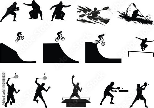 Collection of black silhouettes depicting various sports and activities on white background
