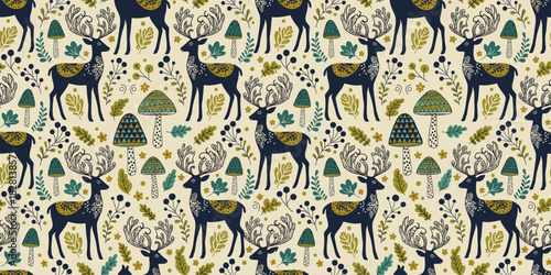 Seamless Scandinavian folk art pattern with roe deer, mushrooms, and foliage in navy, teal, and olive on cream. Whimsical woodland textile design.
