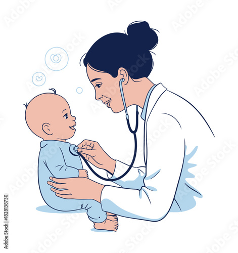 A doctor is listening to a baby's heart with a stethoscope.