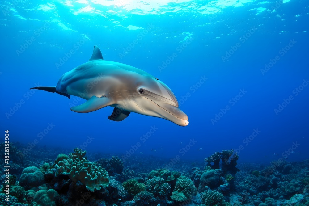Fototapeta premium Playful Dolphin Swimming Above Coral Reef in Clear Blue Water