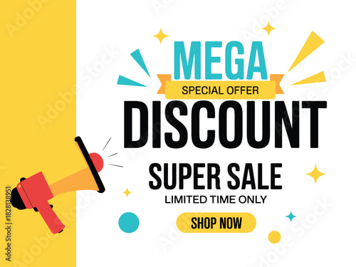 Mega discount super sale limited time offer with shop now button.