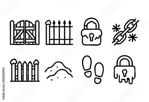 A set of eight black line icons depicting various security and boundary elements, including gates, fences, locks, chains, footprints, and a mound of earth. The style is simple and bold, suitable for v