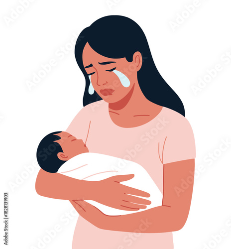 A woman is holding a crying baby and tears are streaming down her face.
