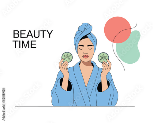 Woman enjoying a beauty treatment with cucumber slices on her eyes.