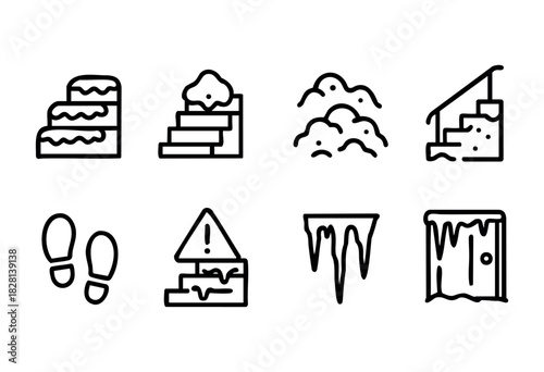 A set of eight line art icons depicting winter hazards, including icy steps, snowdrifts, footprints, and warning signs. The style is simple, bold black lines on a white background.
