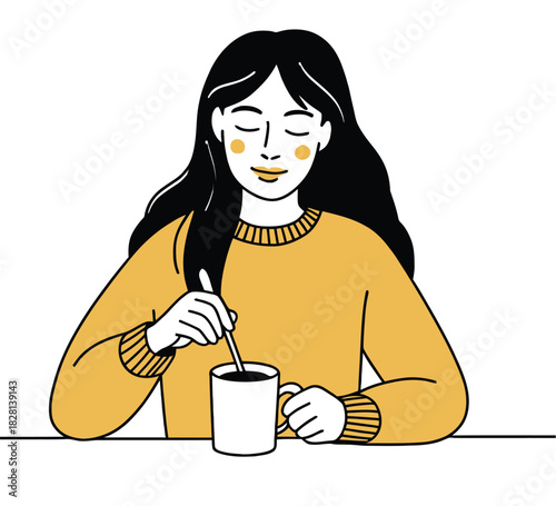 A woman is stirring a cup of coffee with her eyes closed.