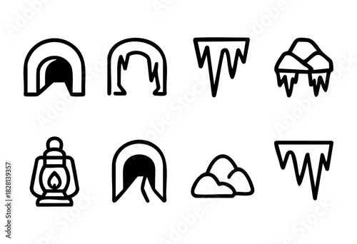 A set of eight simple line icons depicting various elements related to caves, tunnels, and ice formations, including cave entrances, icicles, and a lantern. Perfect for adventure, exploration, or wint