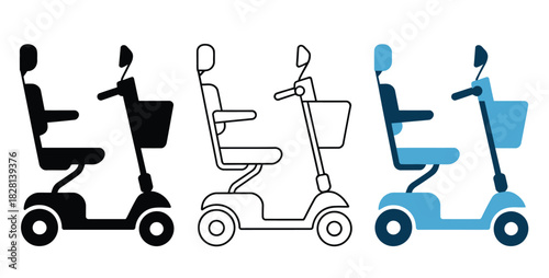 Three different electric mobility scooters are shown side by side in a row.