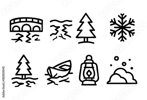 Set of eight monochrome line icons depicting winter related scenes: a frozen bridge, wavy water, pine trees, snowflakes, a sinking boat, a kerosene lamp, and snowdrifts. Perfect for winter-themed desi