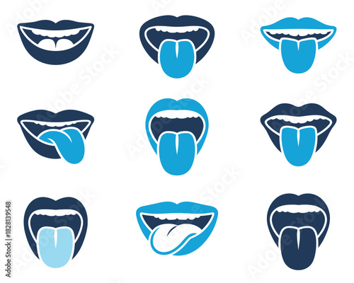 Collection of stylized human mouths with tongues sticking out in various positions.