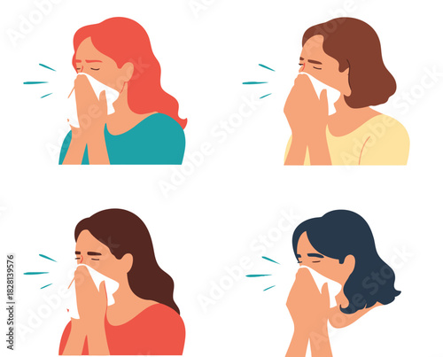 Four women blowing their noses with tissues, illustrating illness or allergies.