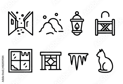 A set of eight line art icons depicting winter scenes and objects. The style is simple, bold, and black and white, suitable for various design projects.