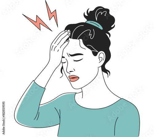 Woman holding her head in pain with lightning bolt symbol for headache.